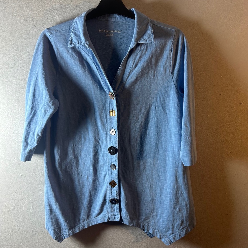 Soft Surroundings Petite Blue 3/4 Sleeve Button Front Tunic‎ Top
